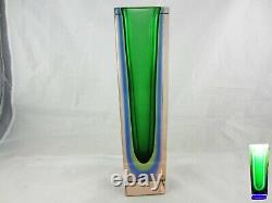 Murano green lime blue in pink sommerso block faceted glass column vase 29cm