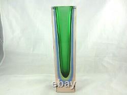 Murano green lime blue in pink sommerso block faceted glass column vase 29cm