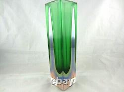 Murano green lime blue in pink sommerso block faceted glass column vase 29cm