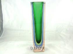 Murano green lime blue in pink sommerso block faceted glass column vase 29cm
