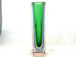 Murano green lime blue in pink sommerso block faceted glass column vase 29cm