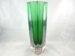 Murano green lime blue in pink sommerso block faceted glass column vase 29cm