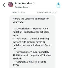 Murano-style, millefiori, pulled feather hand blown red/pink art glass vase OOAK