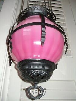 Near MINT c. 1885 Victorian Japanned & Pink Art Glass Hanging Lamp, NEVER USED