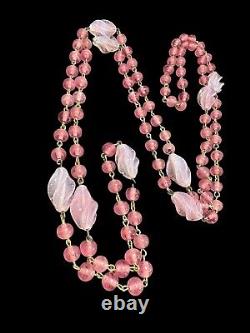 Necklace 1930s Venetian Pink Art Glass Beads Wire Link 55 inches Vintage