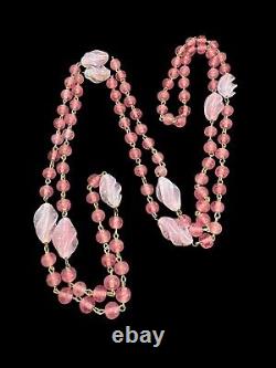 Necklace 1930s Venetian Pink Art Glass Beads Wire Link 55 inches Vintage