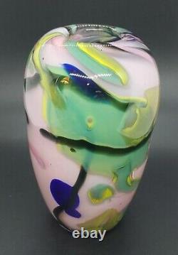 OOAK Art Blown Glass Signed VASE VESSEL ABSTRACT PINK BLACK BLUE FOAM GREEN 7