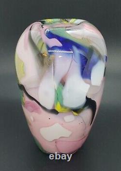 OOAK Art Blown Glass Signed VASE VESSEL ABSTRACT PINK BLACK BLUE FOAM GREEN 7