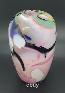 OOAK Art Blown Glass Signed VASE VESSEL ABSTRACT PINK BLACK BLUE FOAM GREEN 7