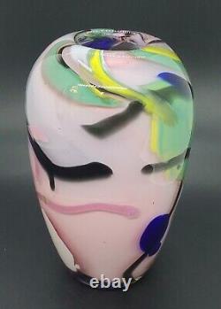 OOAK Art Blown Glass Signed VASE VESSEL ABSTRACT PINK BLACK BLUE FOAM GREEN 7