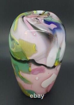 OOAK Art Blown Glass Signed VASE VESSEL ABSTRACT PINK BLACK BLUE FOAM GREEN 7