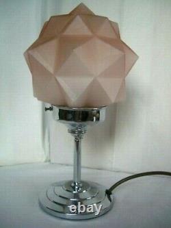 ORIGINAL 1930s ART DECO TABLE DESK LAMP CHROME STEM PINK STAR GLASS SHADE