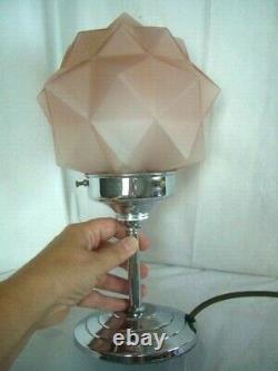 ORIGINAL 1930s ART DECO TABLE DESK LAMP CHROME STEM PINK STAR GLASS SHADE