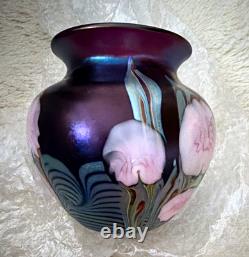 Okra Purple Art Glass Vase with Pink Floral Decorative Design