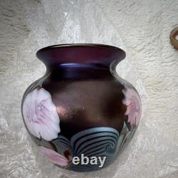 Okra Purple Art Glass Vase with Pink Floral Decorative Design