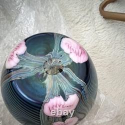 Okra Purple Art Glass Vase with Pink Floral Decorative Design
