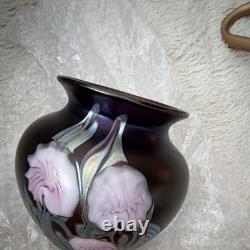 Okra Purple Art Glass Vase with Pink Floral Decorative Design