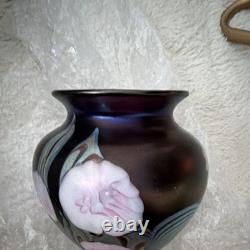 Okra Purple Art Glass Vase with Pink Floral Decorative Design