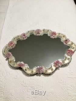 Old FRATELLI TOSI Venetian Murano Art Glass TABLE MIRROR, Pink Flowers, Italy