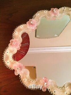 Old FRATELLI TOSI Venetian Murano Art Glass TABLE MIRROR, Pink Flowers, Italy