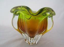 Organic lime green & pink czech sommerso art glass bowl 70s