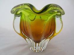 Organic lime green & pink czech sommerso art glass bowl 70s