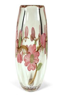 Orient Flume Art Glass Cased Crystal Vase Chico California Pink Dogwood Flowers