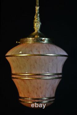 Original 1940s art deco gilt banded marbled cased glass & brass pendant light