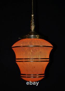 Original 1940s art deco gilt banded marbled cased glass & brass pendant light