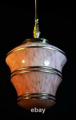 Original 1940s art deco gilt banded marbled cased glass & brass pendant light