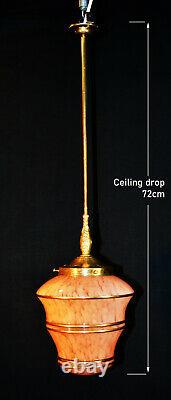 Original 1940s art deco gilt banded marbled cased glass & brass pendant light