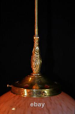 Original 1940s art deco gilt banded marbled cased glass & brass pendant light