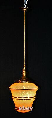 Original 1940s art deco gilt banded marbled cased glass & brass pendant light