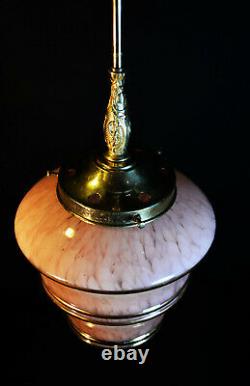 Original 1940s art deco gilt banded marbled cased glass & brass pendant light