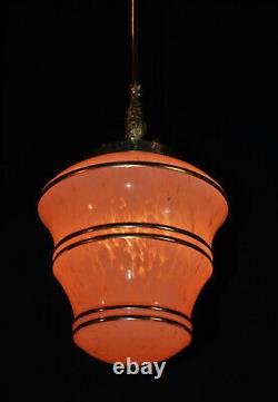 Original 1940s art deco gilt banded marbled cased glass & brass pendant light