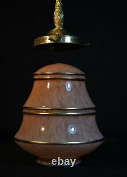 Original 1940s art deco gilt banded marbled cased glass & brass pendant light