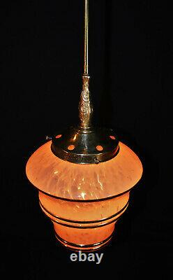 Original 1940s art deco gilt banded marbled cased glass & brass pendant light