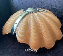 Original Art Deco Chrome & Salmon Pink Glass Odeon Style Clam Shell Light Shade