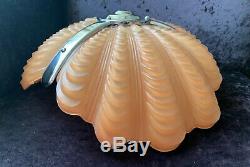 Original Art Deco Chrome & Salmon Pink Glass Odeon Style Clam Shell Light Shade