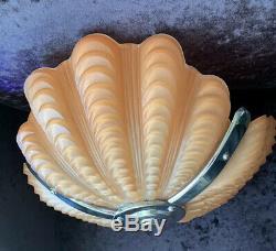 Original Art Deco Chrome & Salmon Pink Glass Odeon Style Clam Shell Light Shade