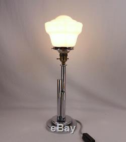 Original Art Deco Chrome Table Lamp. Pink Tulip Shape Glass Globe Shade