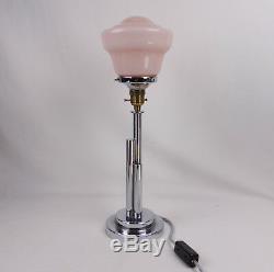 Original Art Deco Chrome Table Lamp. Pink Tulip Shape Glass Globe Shade