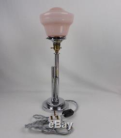 Original Art Deco Chrome Table Lamp. Pink Tulip Shape Glass Globe Shade