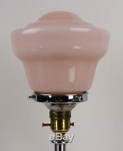 Original Art Deco Chrome Table Lamp. Pink Tulip Shape Glass Globe Shade