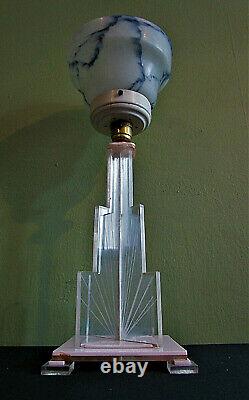 Original Art Deco Clear Pink Lucite Table Lamp Blue Veined Glass Shade Geometric