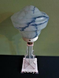 Original Art Deco Clear Pink Lucite Table Lamp Blue Veined Glass Shade Geometric