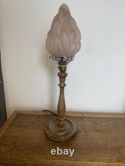 Original Art Deco Table Lamp Pink Flame Glass Shade