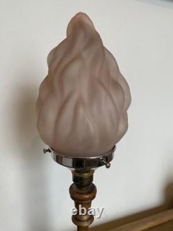 Original Art Deco Table Lamp Pink Flame Glass Shade