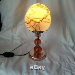 Original Art Deco Table Lamp Pink Glass Balls and Pink Marble Pattern Shade