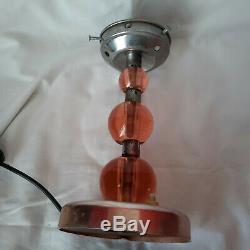 Original Art Deco Table Lamp Pink Glass Balls and Pink Marble Pattern Shade